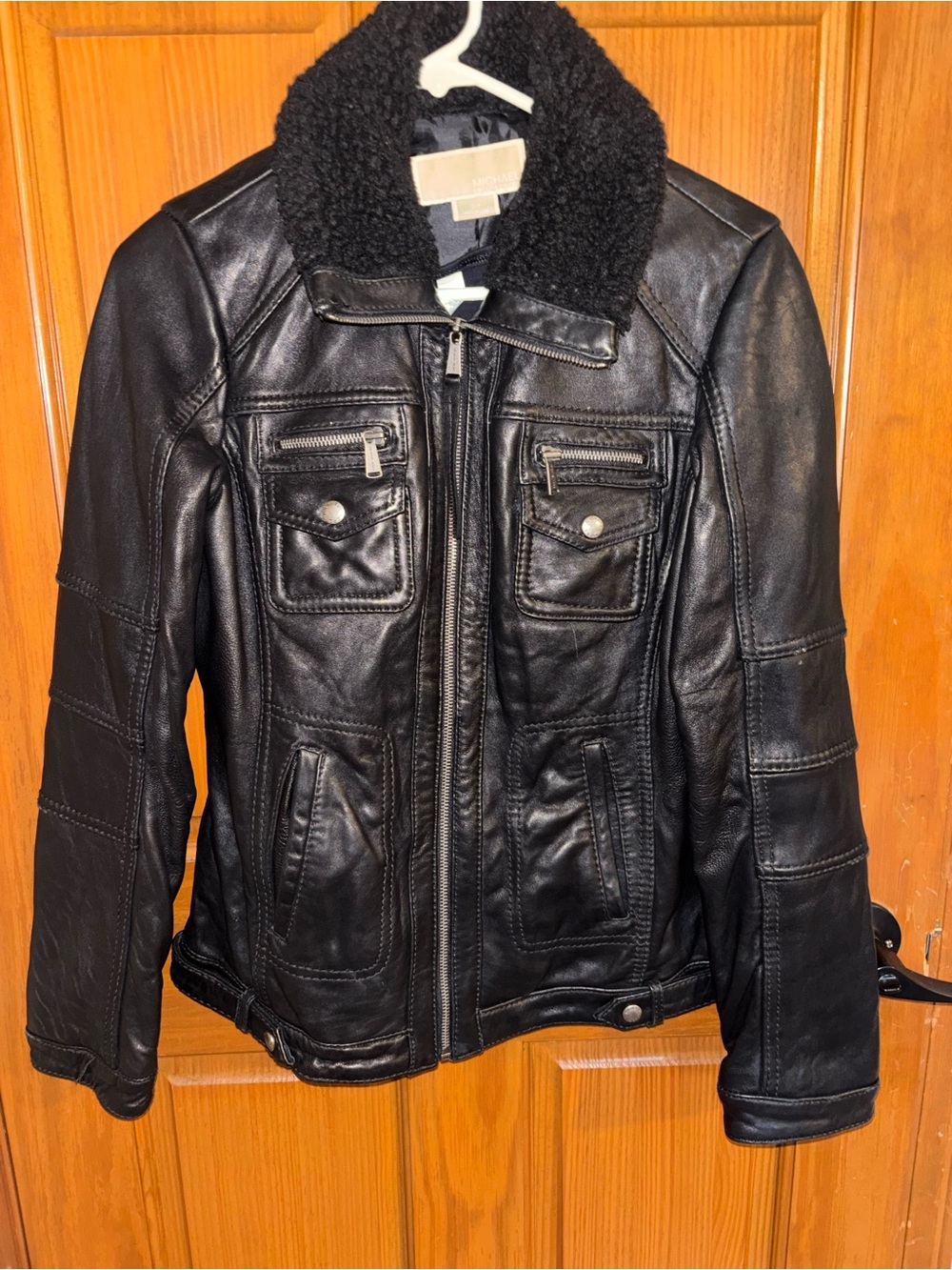 Michael Kors Black   Leather Jacket with Sherpa Collar